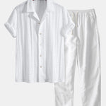 Ensemble Capucine — chemise cubaine texturée jacquard géométrique & pantalon en lin à jambe droite
