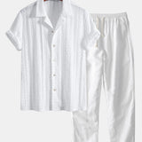 Ensemble Capucine — chemise cubaine texturée jacquard géométrique & pantalon en lin à jambe droite