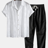 Ensemble — chemise cubaine brodée à fleurs & pantalon en lin à jambe droite
