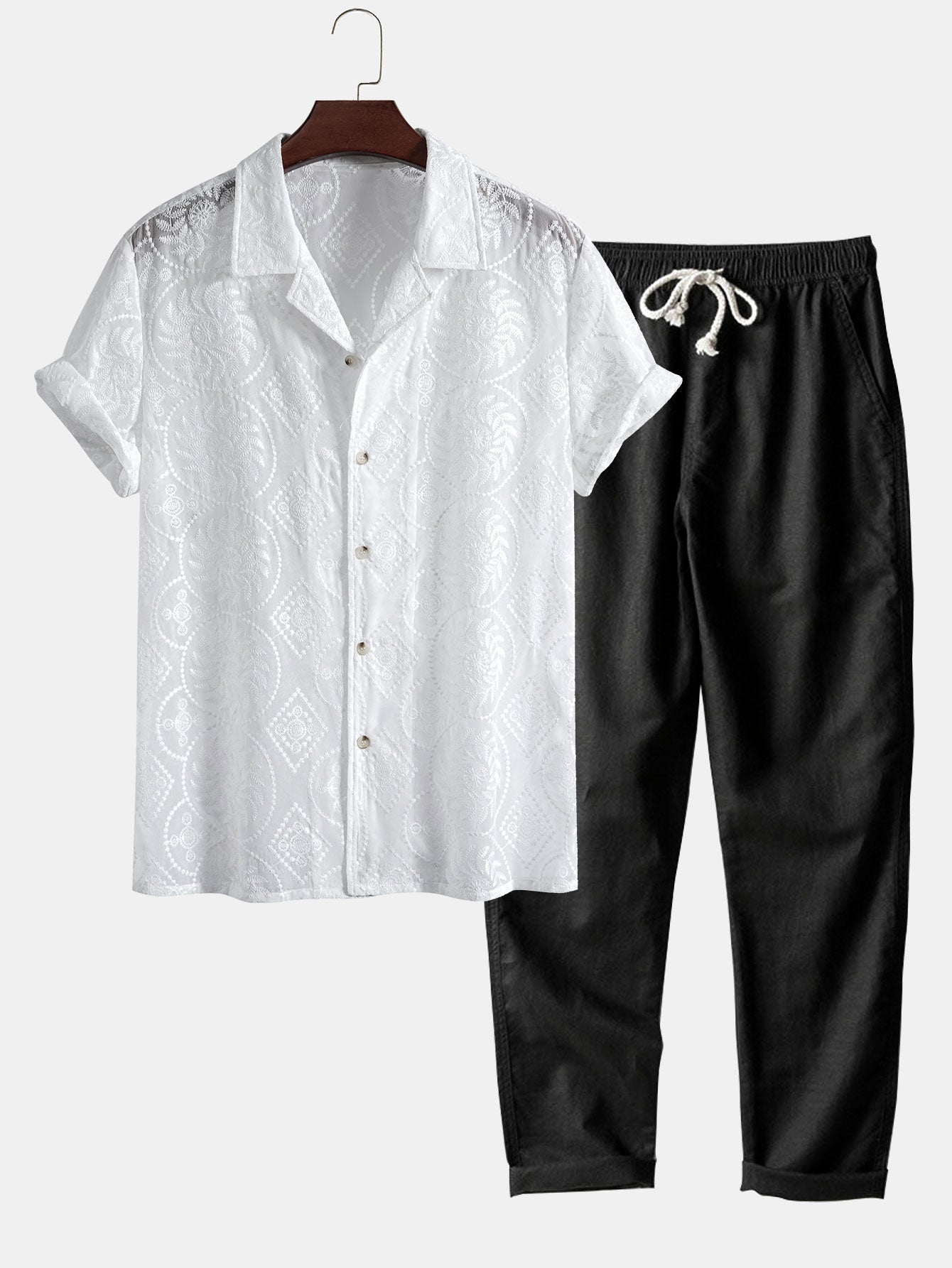 Ensemble — chemise cubaine brodée à fleurs & pantalon en lin à jambe droite