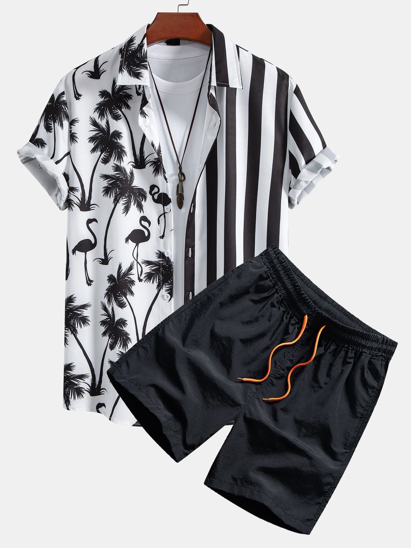 Ensemble — chemise patchwork à imprimé palmiers, flamants roses et rayures & short de bain