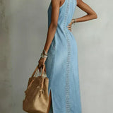 Robe Longue en Jean à Col Montant et Broderie