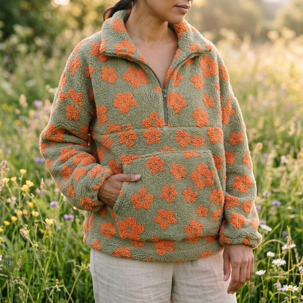 Yvonne | Pull à col zippé et imprimé fleuri Orange, photo studio