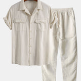 Ensemble — chemise cubaine en lin à poches & pantalon en lin à jambe droite