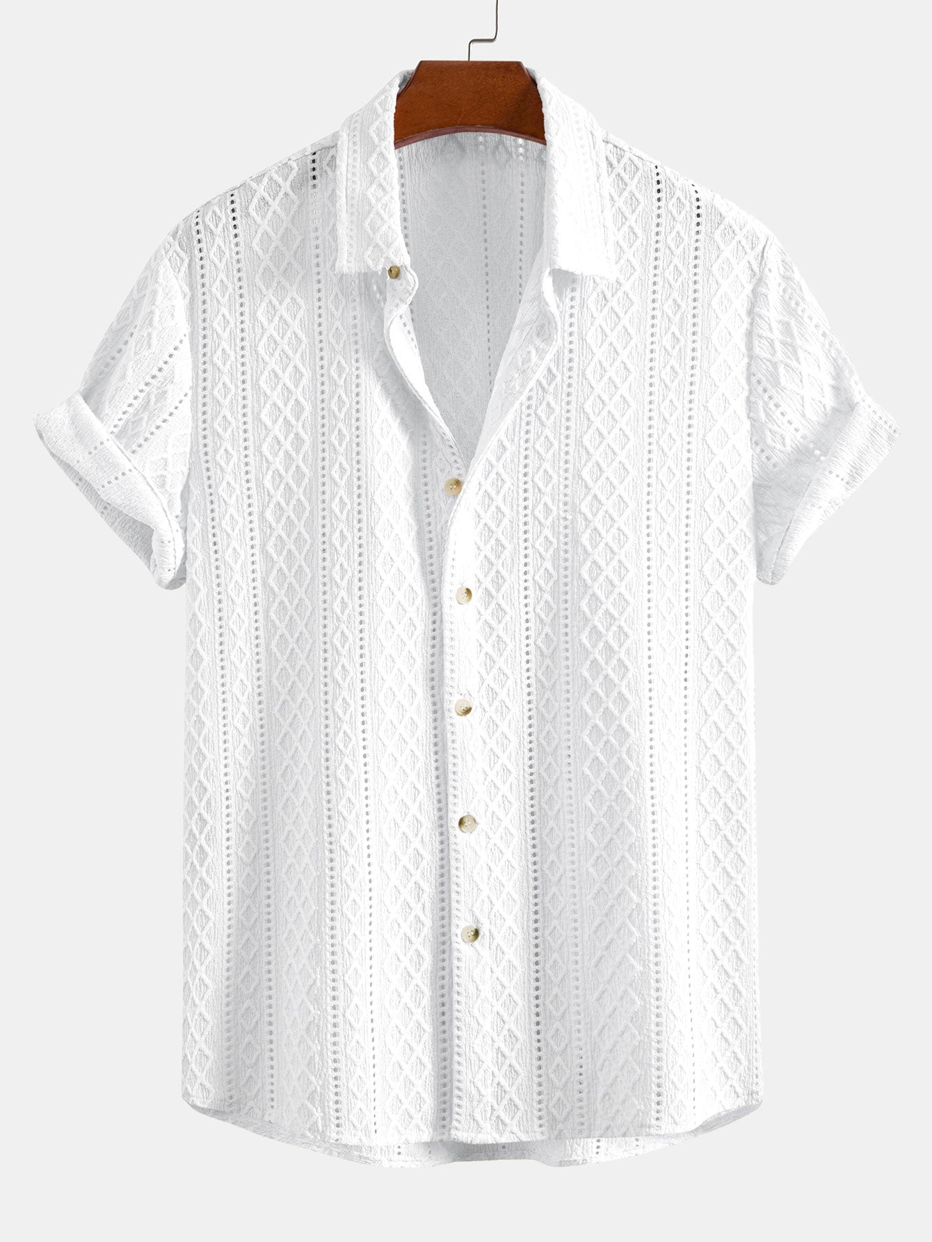 Ensemble — chemise jacquard à losanges géométriques & pantalon en lin rayé à jambe droite