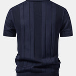 Ensemble Améline — polo en maille ajourée rayée à col Johnny & pantalon en lin à jambe droite