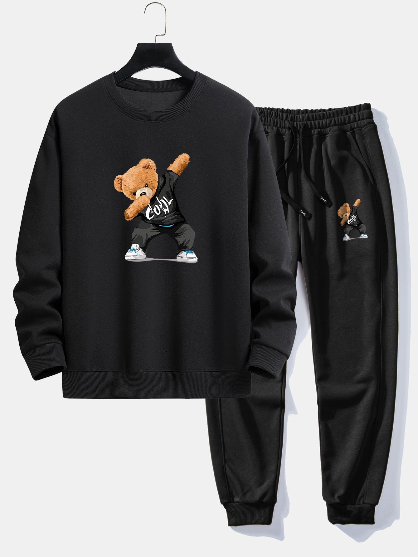 Ensemble — sweat à col rond coupe décontractée à imprimé ours & pantalon de jogging