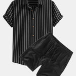 Ensemble — chemise rayée en coton mélangé & short en lin à cordon