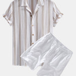 Ensemble — chemise cubaine en maille rayée & short en lin à cordon