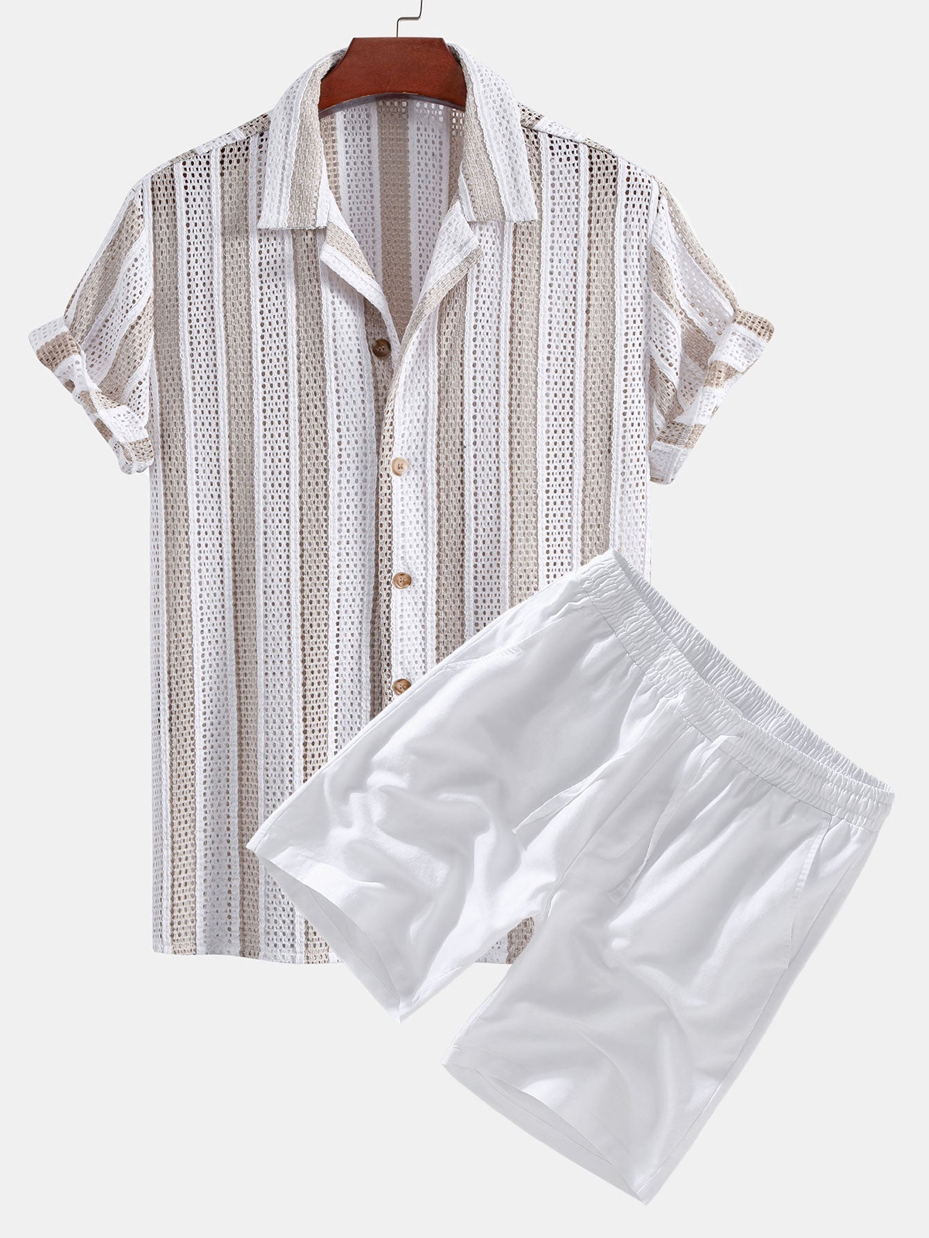 Ensemble — chemise cubaine en maille rayée & short en lin à cordon