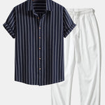Ensemble — chemise rayée en coton mélangé & pantalon texturé froissé à jambe droite