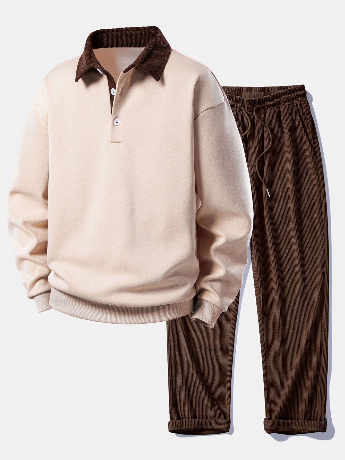 Ensemble Améline — sweat à col polo en velours côtelé contrastant & pantalon en velours côtelé