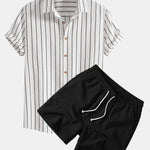 Ensemble — chemise rayée en coton mélangé & short texturé froissé à cordon