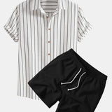 Ensemble — chemise rayée en coton mélangé & short texturé froissé à cordon