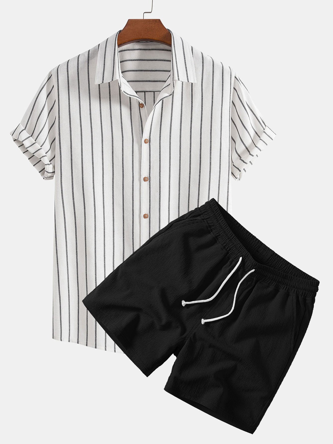 Ensemble — chemise rayée en coton mélangé & short texturé froissé à cordon