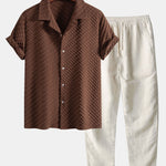 Ensemble — chemise cubaine jacquard pied-de-poule & pantalon en lin à jambe droite
