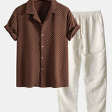 Ensemble — chemise cubaine jacquard pied-de-poule & pantalon en lin à jambe droite