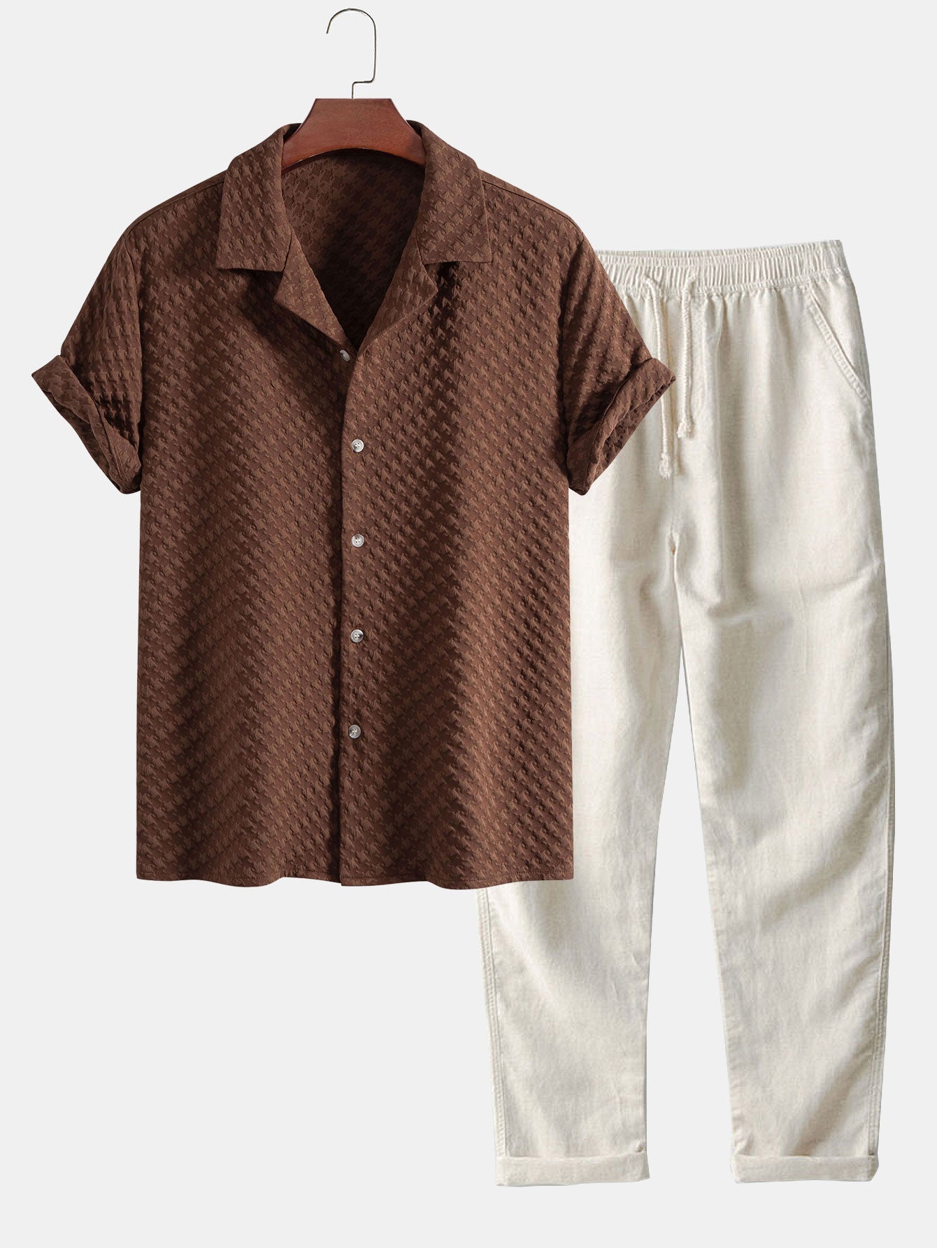 Ensemble — chemise cubaine jacquard pied-de-poule & pantalon en lin à jambe droite
