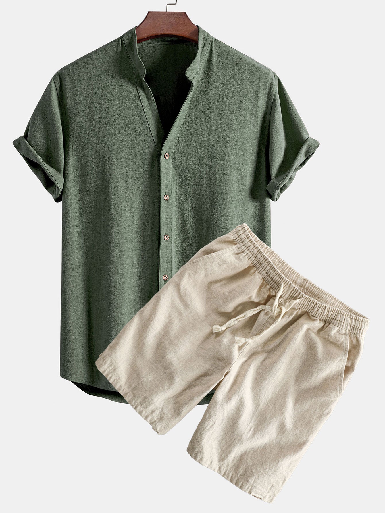 Ensemble — chemise en lin et viscose à col V & short à cordon en lin et coton
