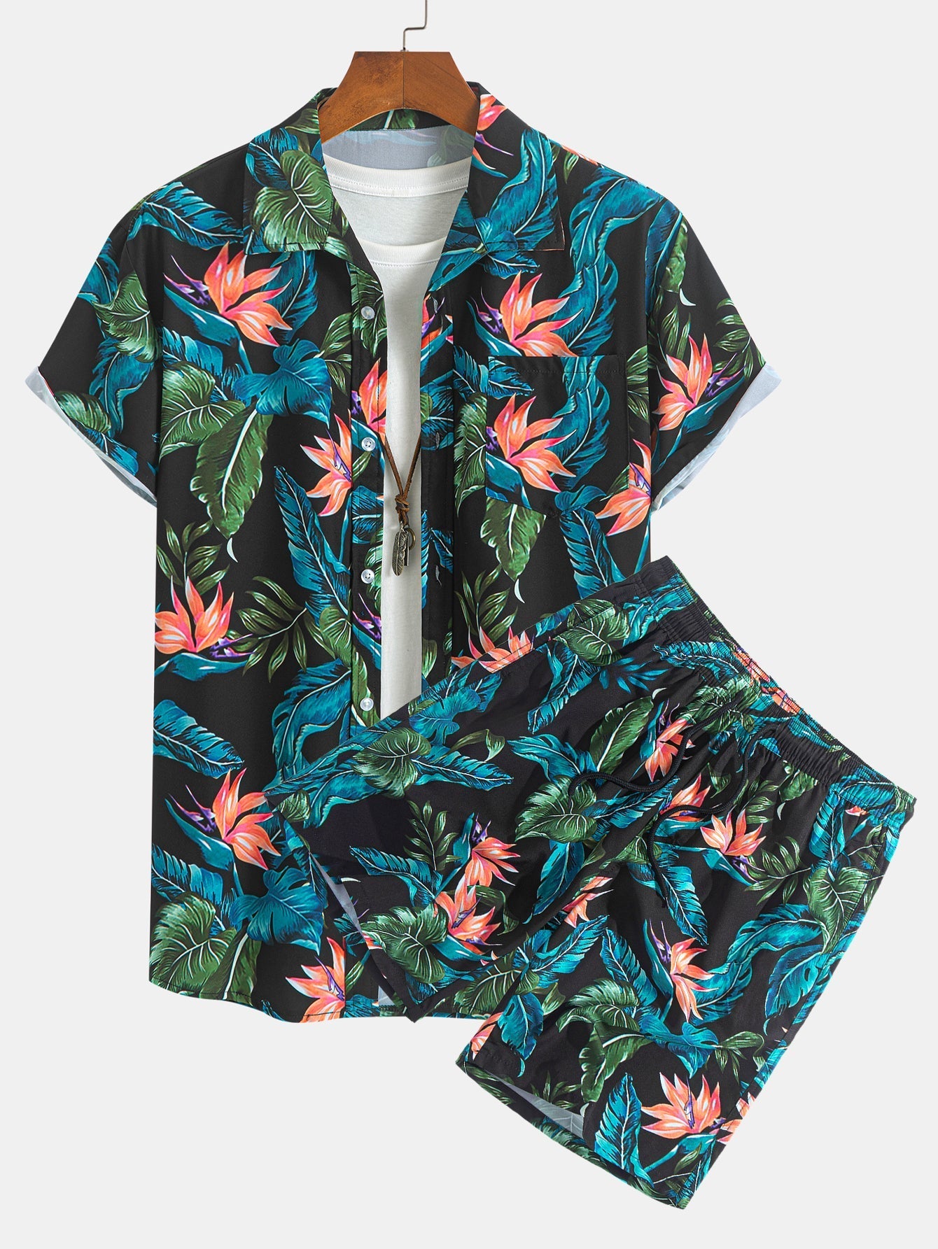 Ensemble Capucine — chemise à imprimé plantes tropicales & short de bain à cordon