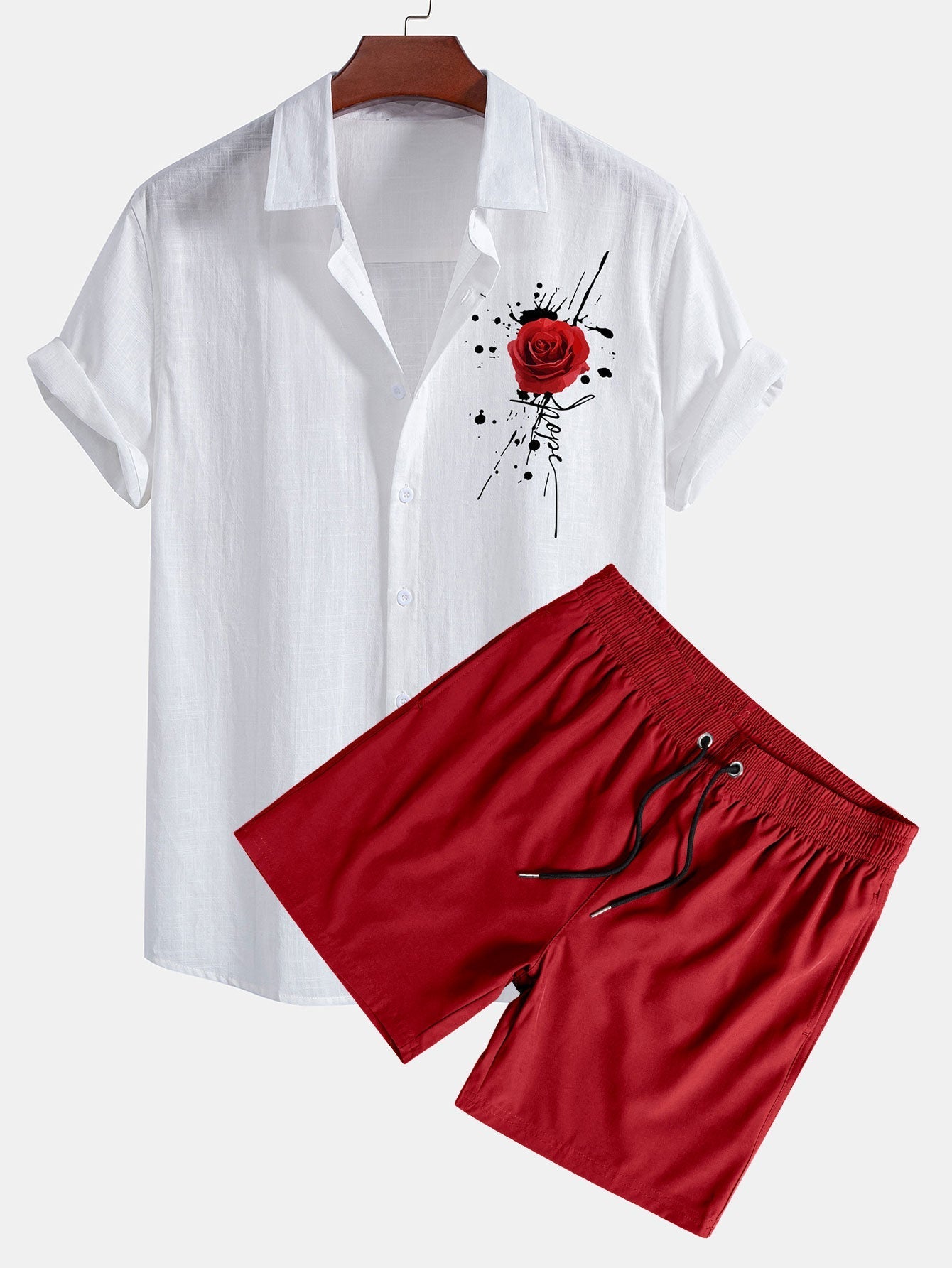 Ensemble — chemise en lin et coton à imprimé roses éclaboussées & short de bain
