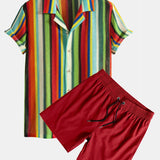Ensemble Capucine — chemise cubaine gaufrée à rayures colorées & short de bain