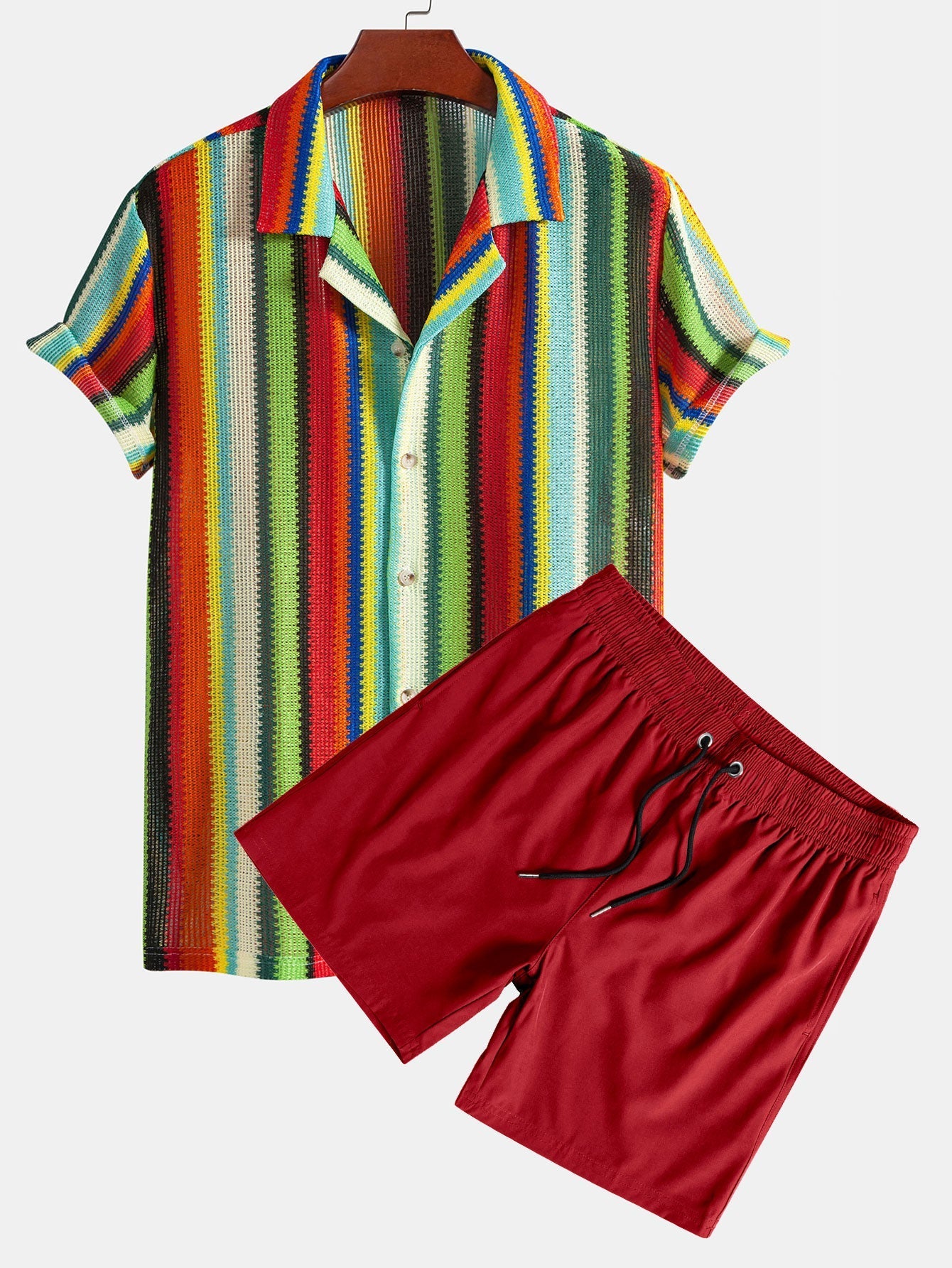 Ensemble Capucine — chemise cubaine gaufrée à rayures colorées & short de bain