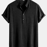 Ensemble — chemise rayée en lin mélangé à col henley & short en lin et coton