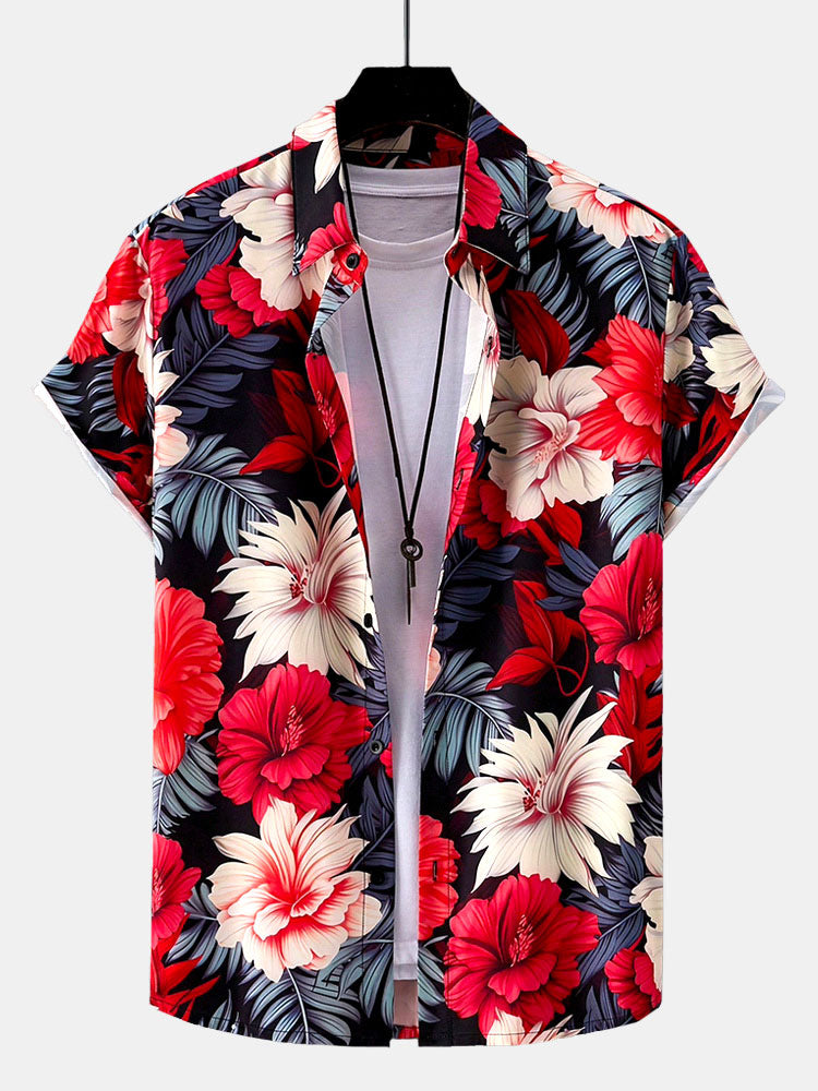 Ensemble — chemise à imprimé fleurs tropicales & short de bain uni à cordon