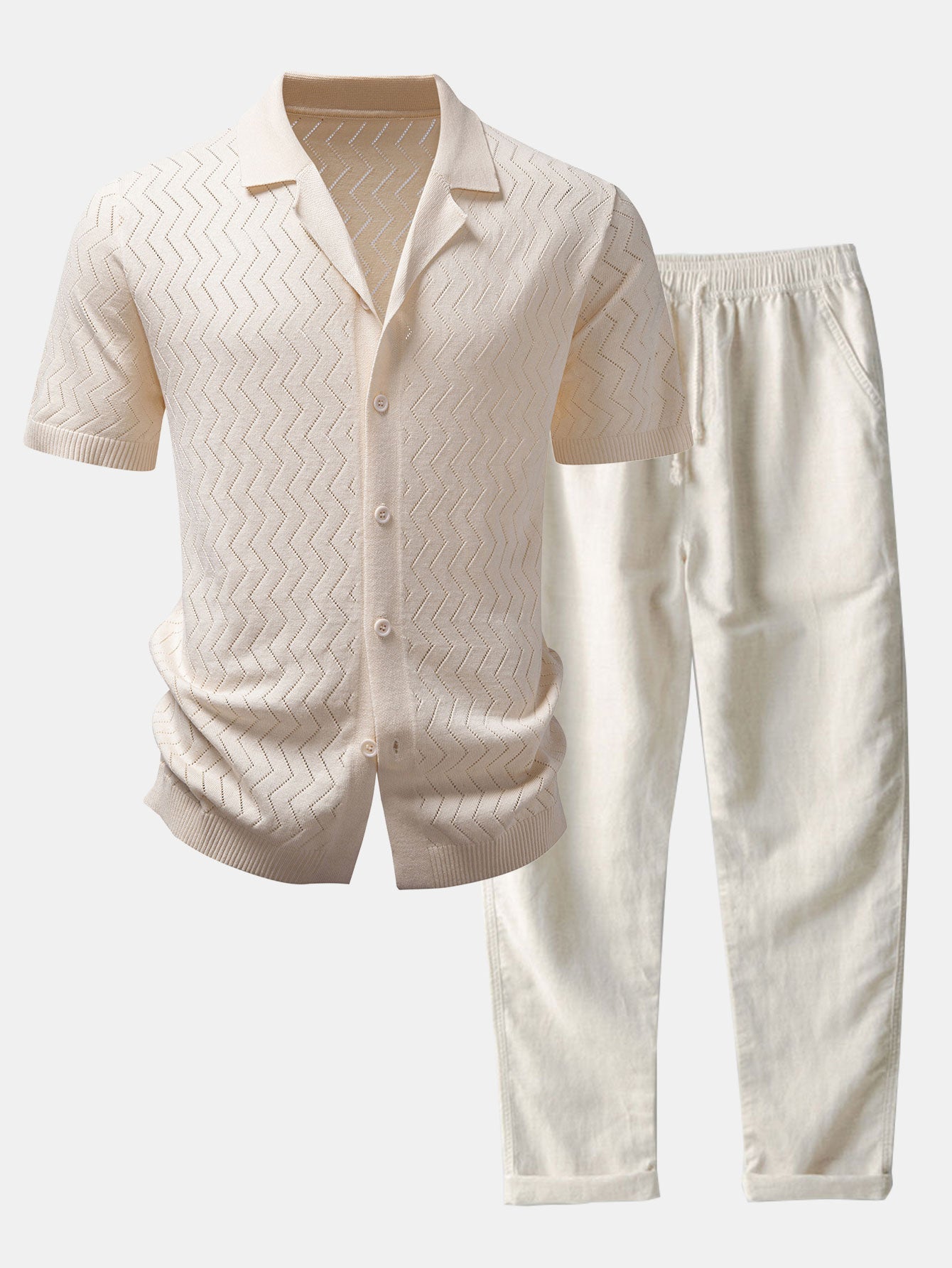 Ensemble — chemise en maille ajourée zigzag & pantalon en lin à jambe droite