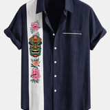 Chemise boutonnée en lin contrastant à imprimé tiki Hawaï