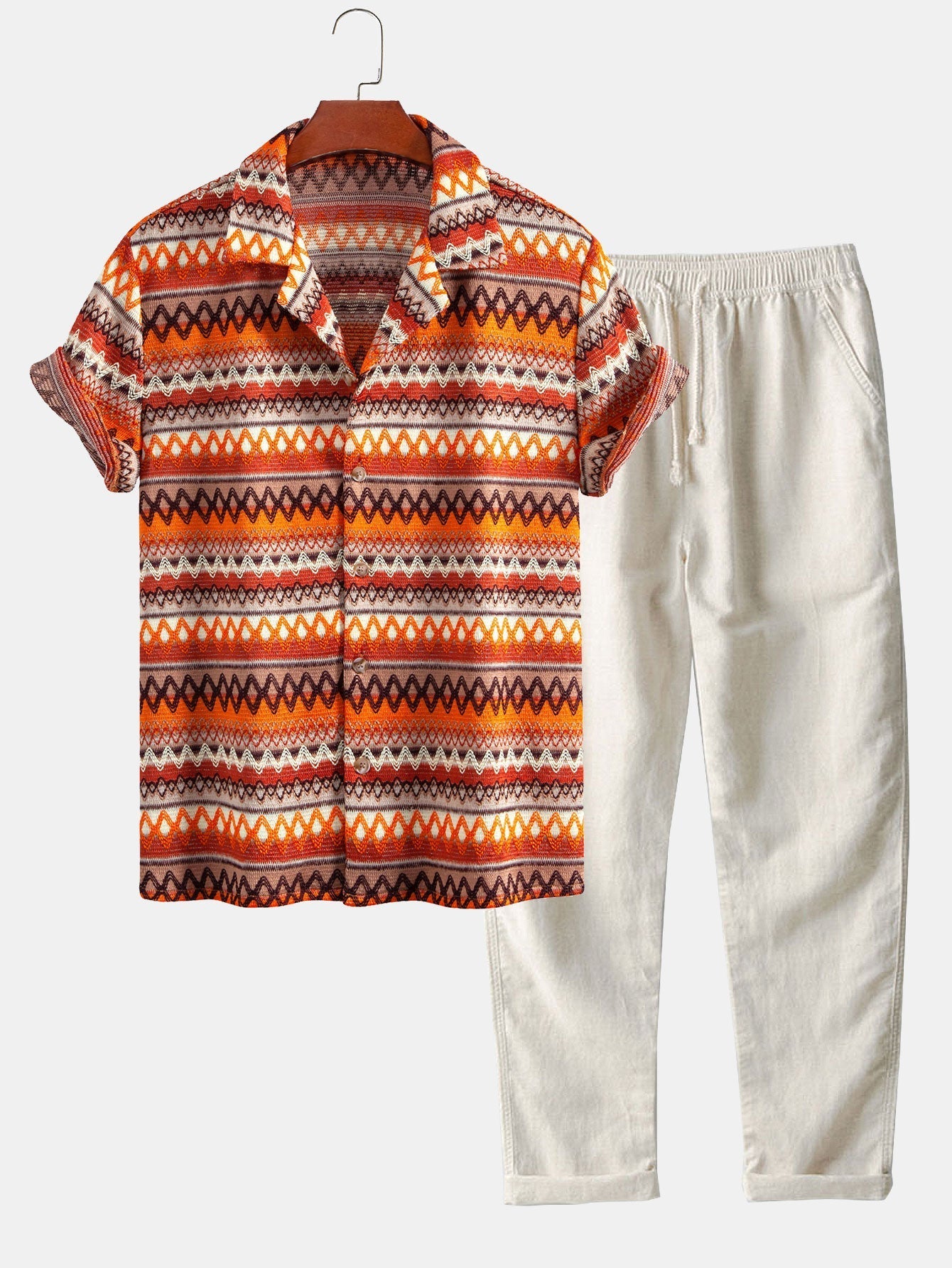 Ensemble — chemise cubaine géométrique & pantalon en lin à jambe droite