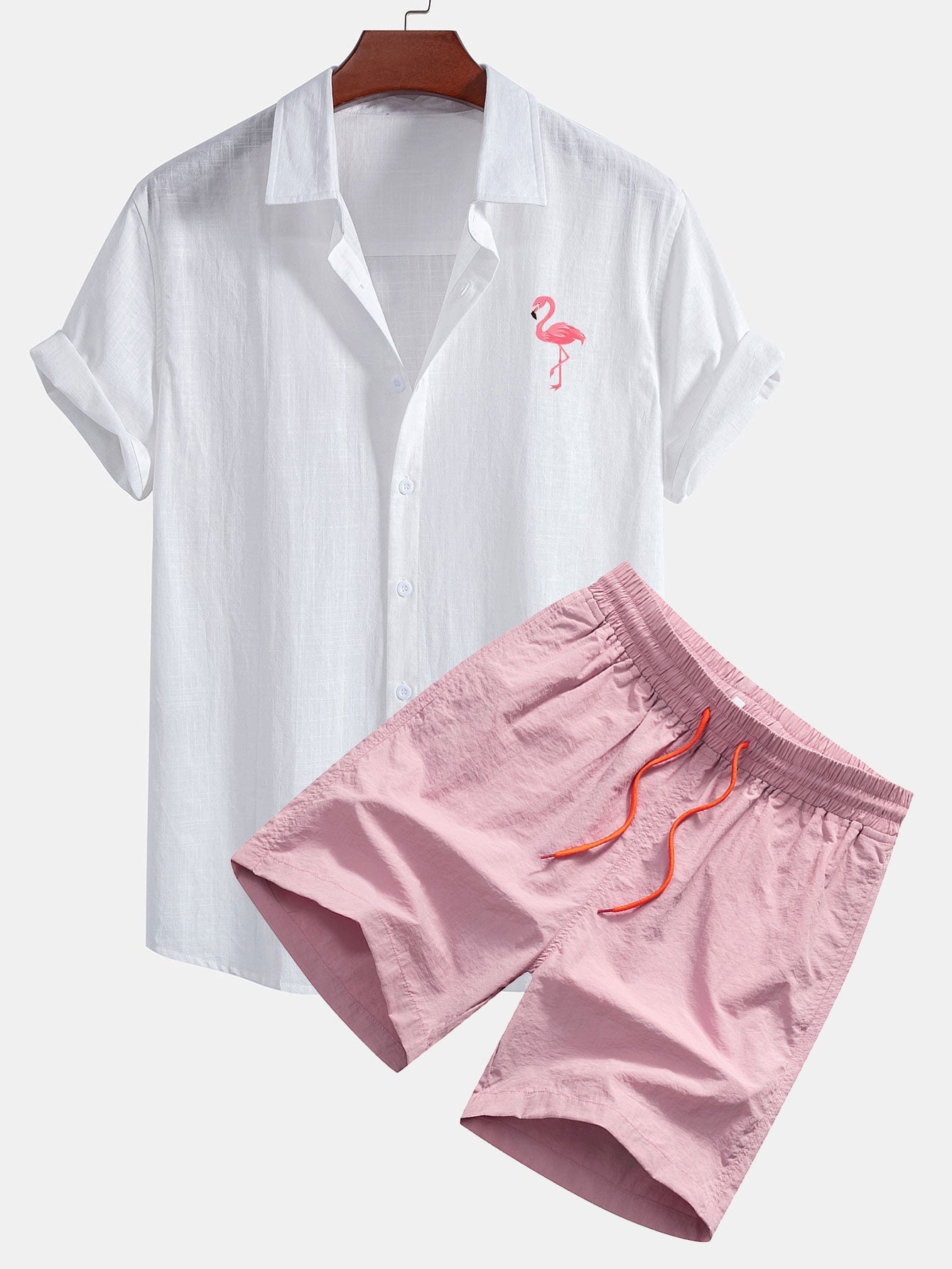 Ensemble — chemise en lin et coton à imprimé flamants roses & short de bain