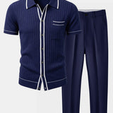 Ensemble — chemise côtelée en maille à bordure contrastante & pantalon fuselé coupe slim
