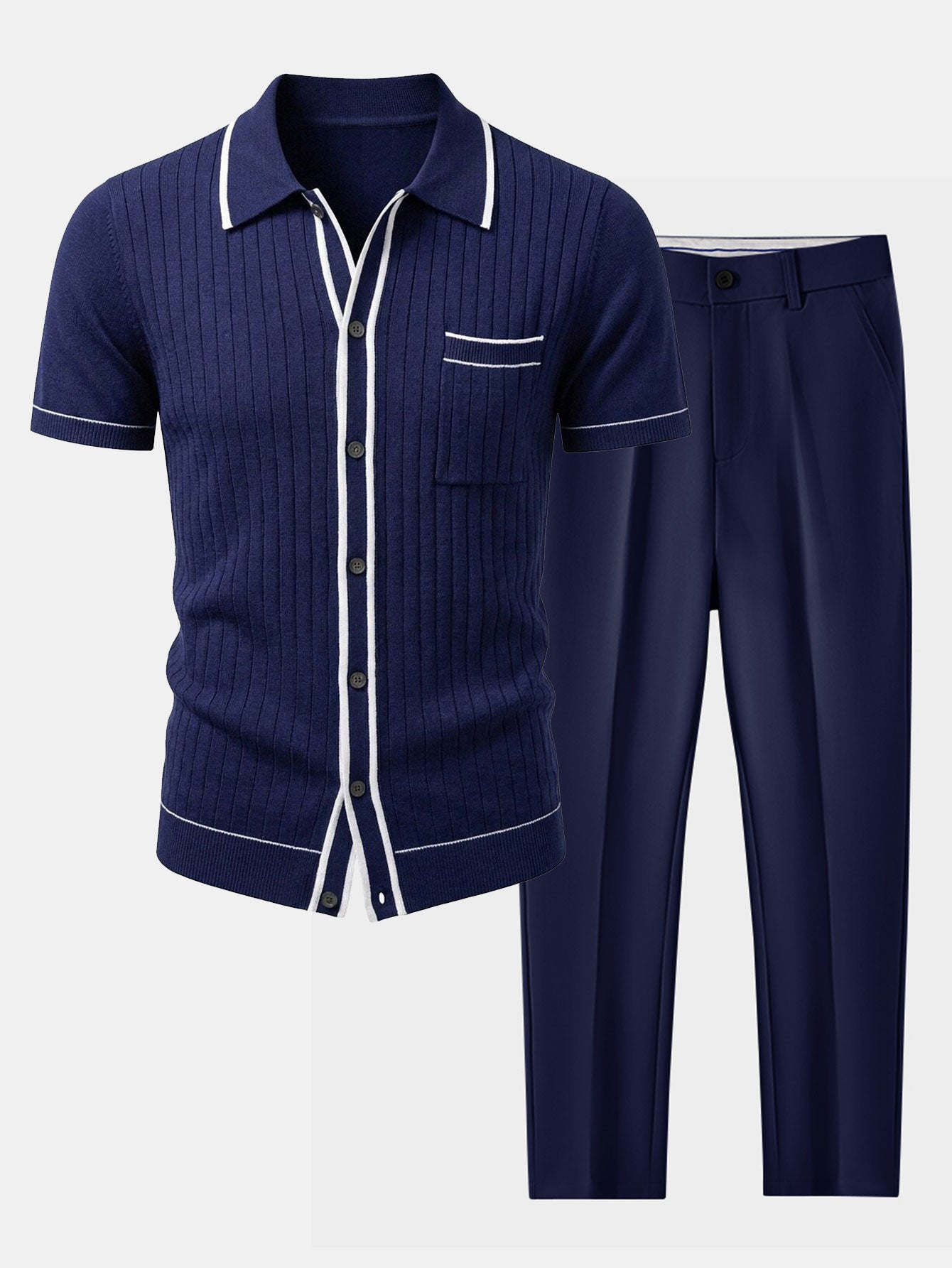 Ensemble — chemise côtelée en maille à bordure contrastante & pantalon fuselé coupe slim