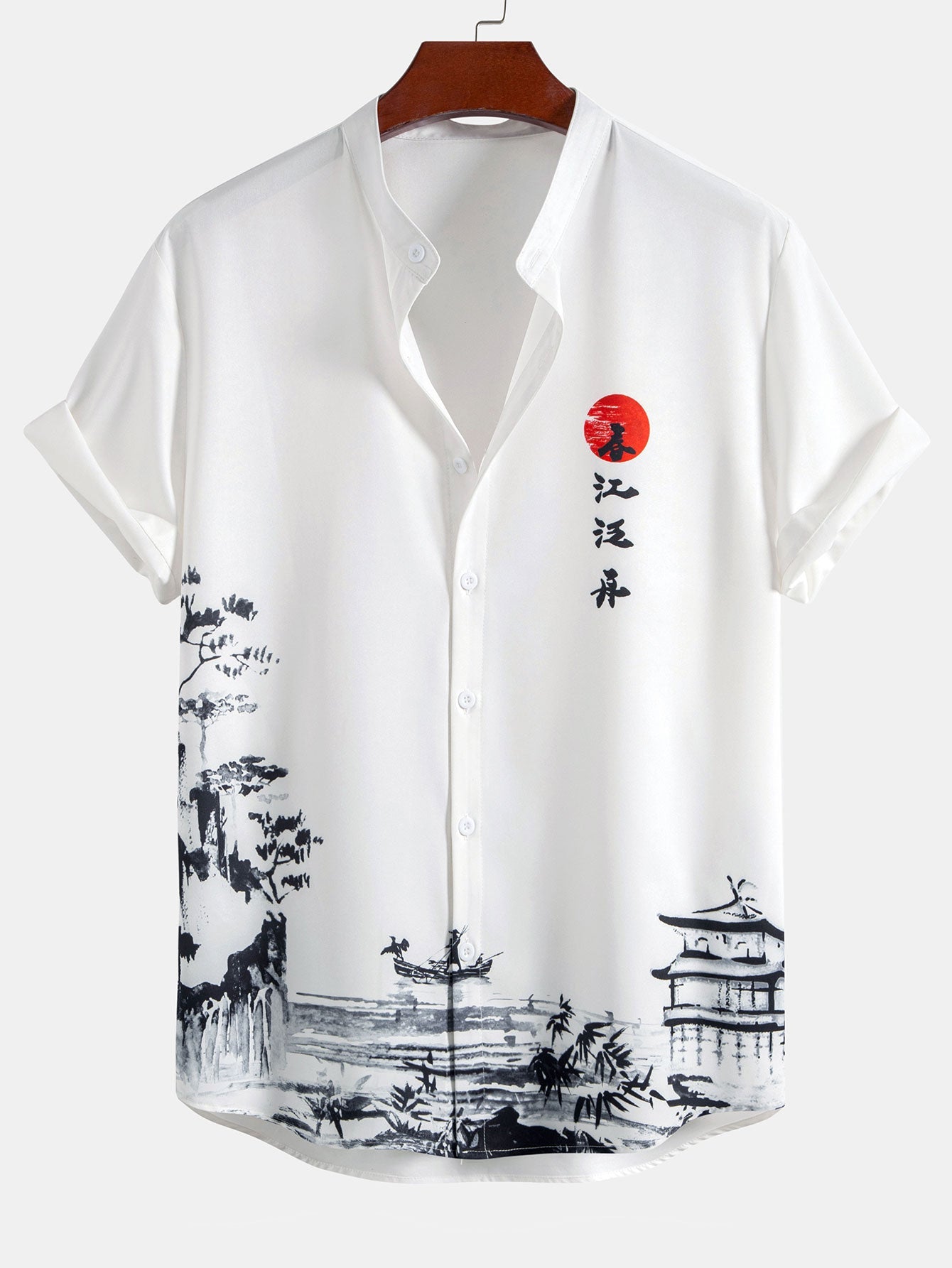 Ensemble — chemise à imprimé paysage à l'encre & short de bain mi-long à cordon