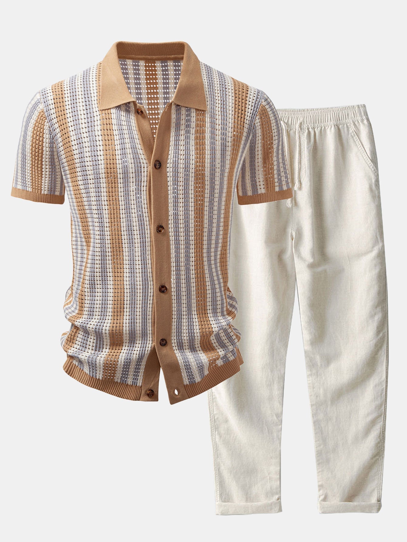 Ensemble — chemise crochetée ajourée rayée & pantalon en lin à jambe droite
