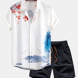 Ensemble — chemise à imprimé peinture à l'encre orientale & short de bain mi-long à cordon