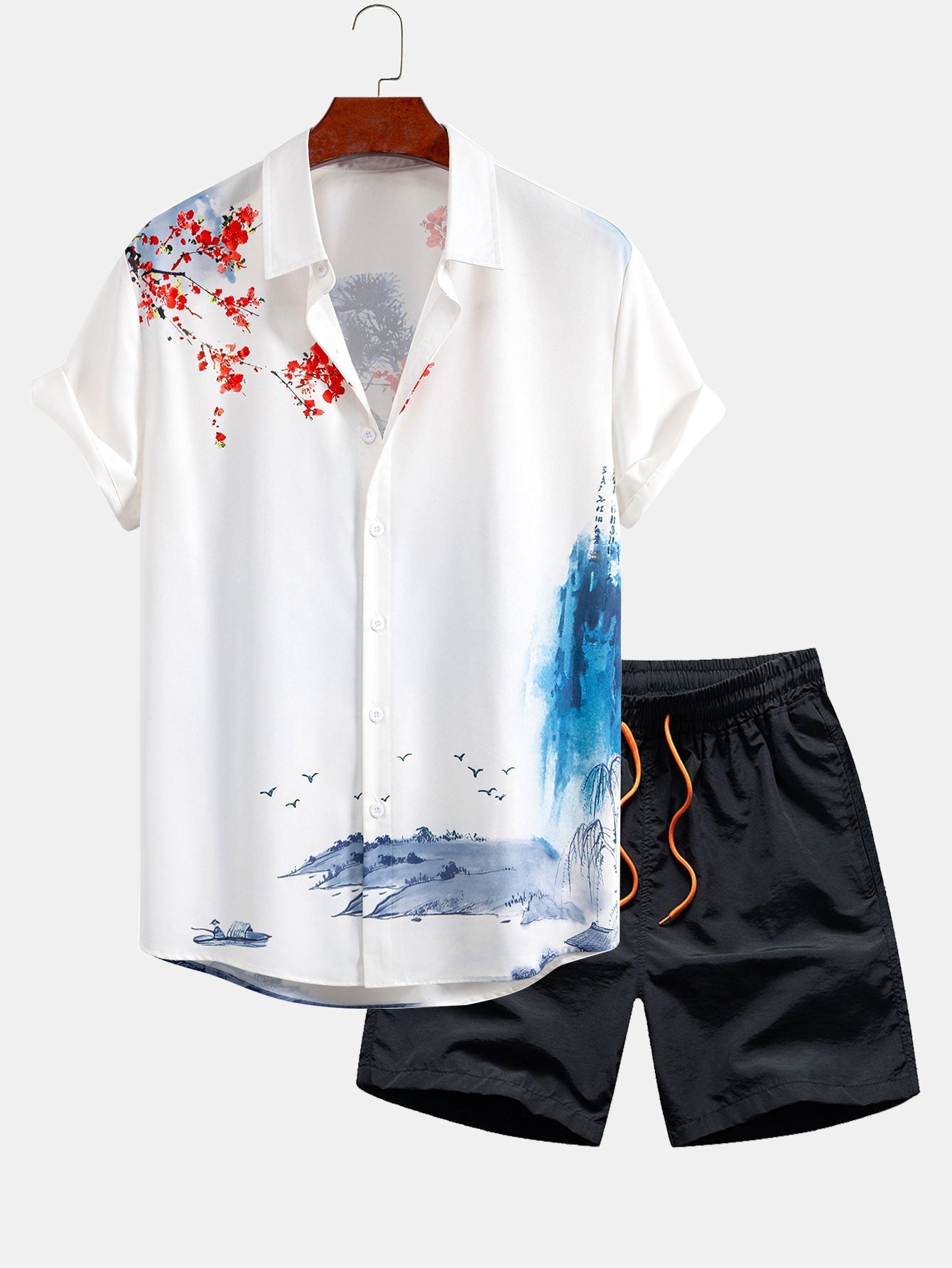 Ensemble — chemise à imprimé peinture à l'encre orientale & short de bain mi-long à cordon