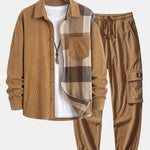 Ensemble — chemise patchwork à carreaux en velours côtelé & pantalon cargo de jogging en velours côtelé à cordon