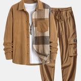 Ensemble — chemise patchwork à carreaux en velours côtelé & pantalon cargo de jogging en velours côtelé à cordon