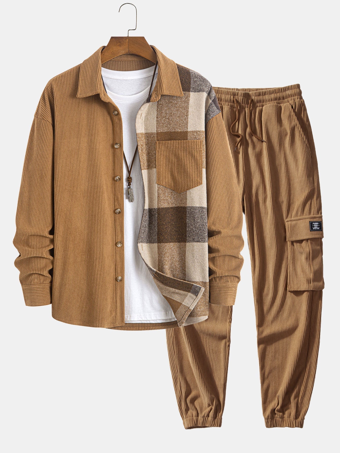 Ensemble — chemise patchwork à carreaux en velours côtelé & pantalon cargo de jogging en velours côtelé à cordon