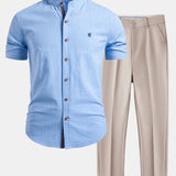 Ensemble — chemise en lin à col officier et manches courtes & pantalon fuselé coupe slim