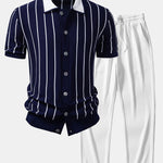 Ensemble — chemise boutonnée en maille rayée & pantalon côtelé à jambe droite