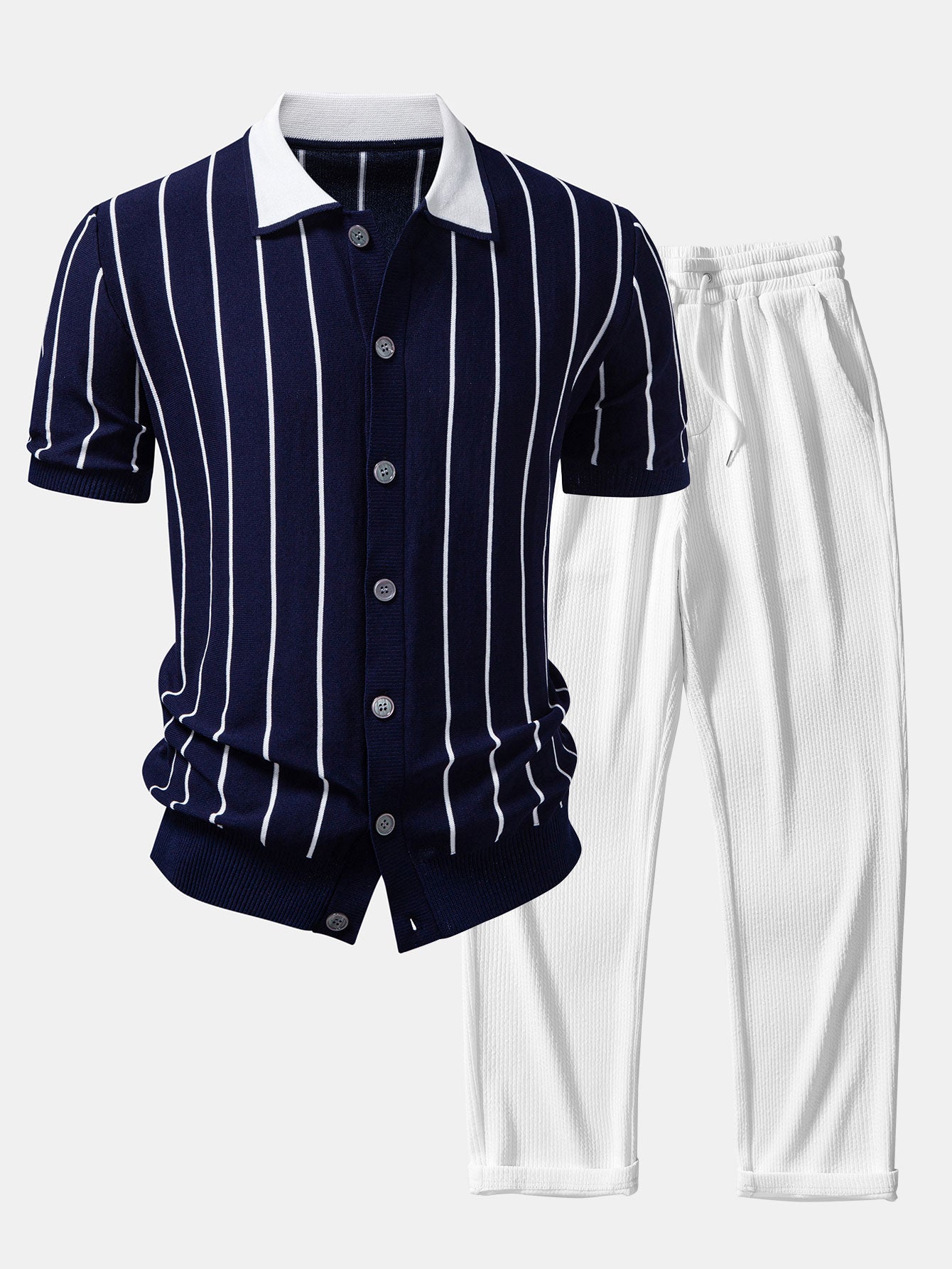Ensemble — chemise boutonnée en maille rayée & pantalon côtelé à jambe droite