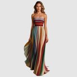 Fanny | Robe longue plissée sans bretelles à rayures