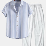 Ensemble — chemise en lin rayé & pantalon texturé froissé à jambe droite