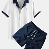 Ensemble — chemise froissée brodée de palmiers contrastants & short froissé à cordon