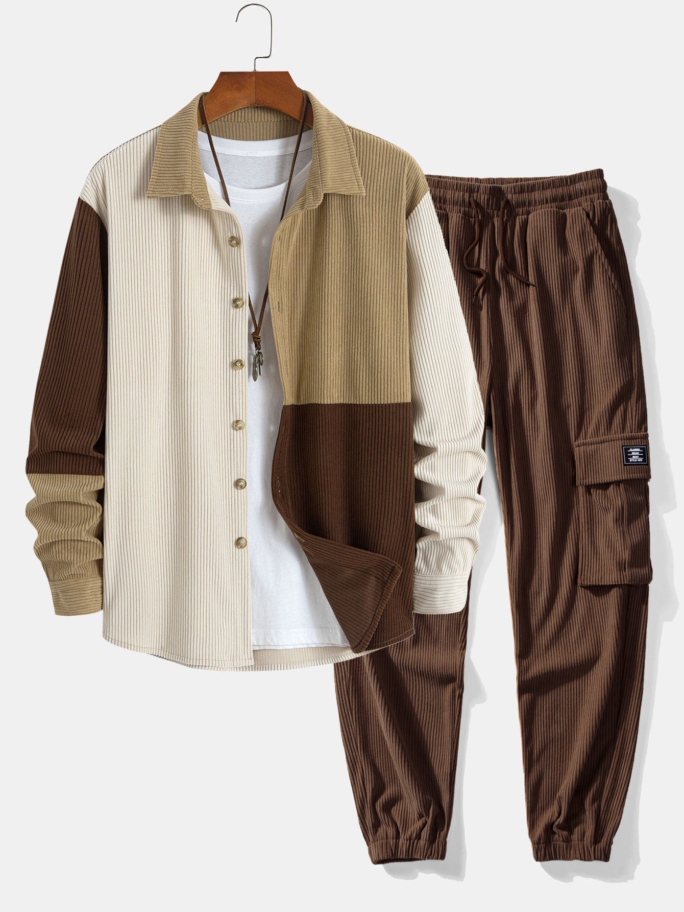 Ensemble — chemise en velours côtelé color block & pantalon cargo de jogging en velours côtelé à cordon