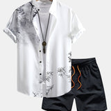 Ensemble — chemise à imprimé peinture traditionnelle à l'encre orientale & short de bain à cordon